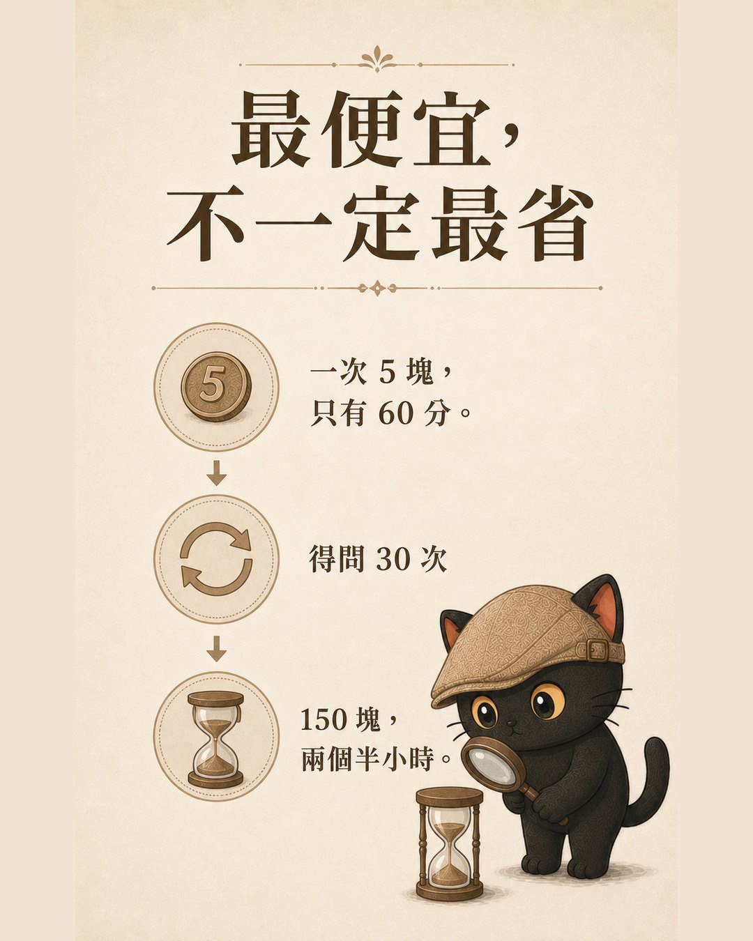 最便宜，不一定最省：一次 5 塊只有 60 分，得問 30 次，最後花 150 塊、兩個半小時，咪卡拿著放大鏡盯著沙漏