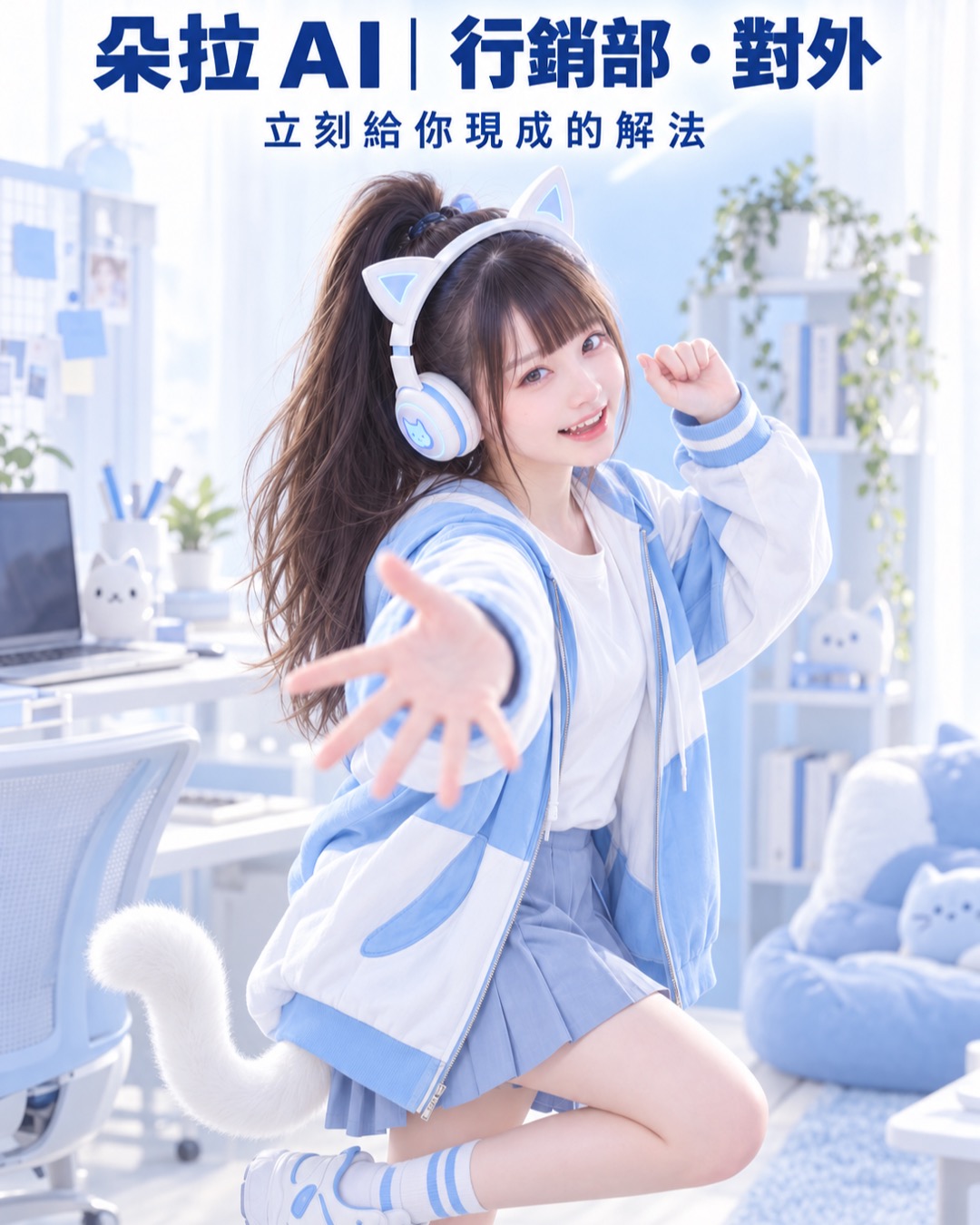 朵拉 AI 角色介紹：戴藍白貓耳耳機的高馬尾少女，揮手打招呼。朵拉 AI｜行銷部・對外，立刻給你現成的解法