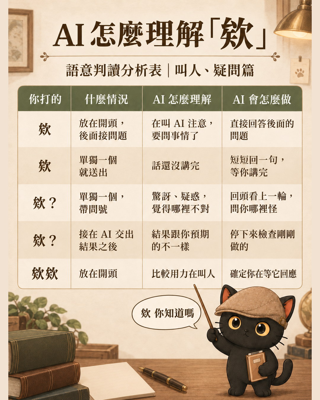 「欸」語意判讀分析表第一張:AI 怎麼看欸的位置與問號