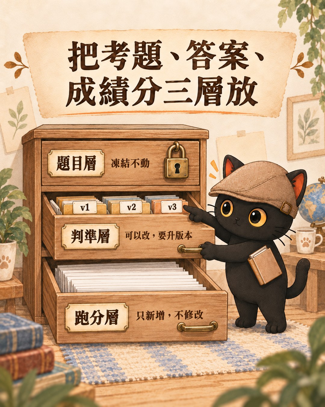 三層抽屜櫃:題目層上鎖、判準層貼著 v1 v2 v3 版本標籤、跑分層一張一張往後疊