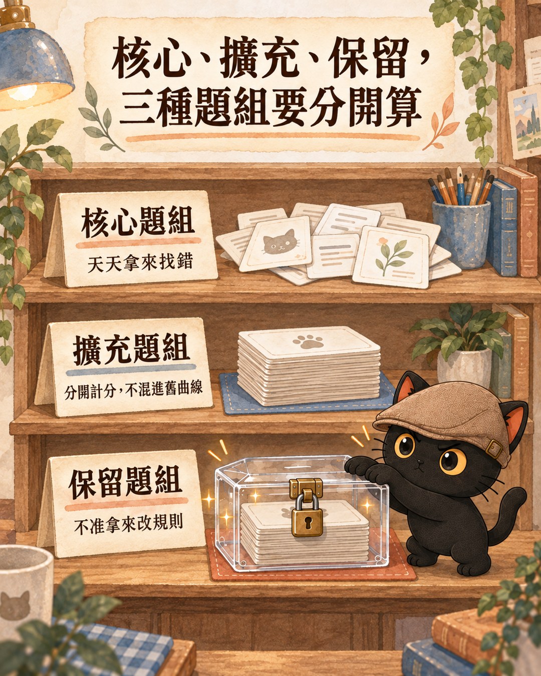 桌上三疊題卡:核心題組攤開、擴充題組疊著、保留題組鎖在透明保險箱裡