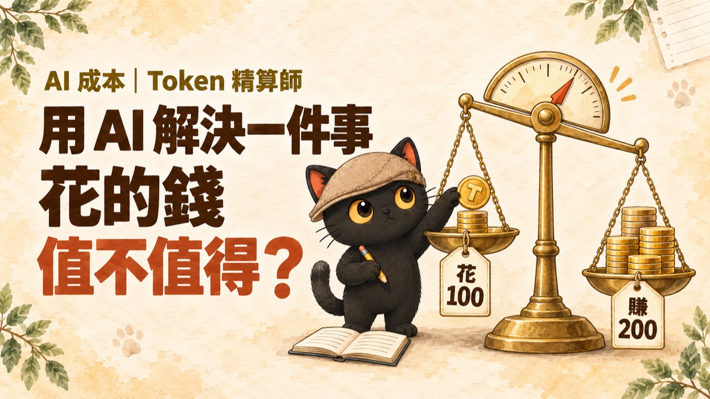 咪卡當精算師，把印著 T 的硬幣放上天平，左邊吊牌寫花 100、右邊寫賺 200，天平往賺 200 傾斜；標題：用 AI 解決一件事，花的錢值不值得？